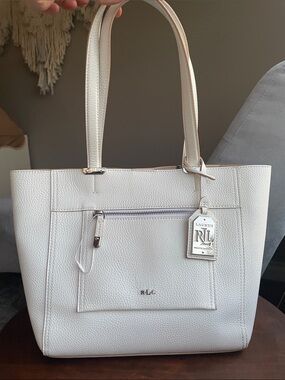 Ralph Lauren white Pebbled Leather Tote with Front Zip Pocket